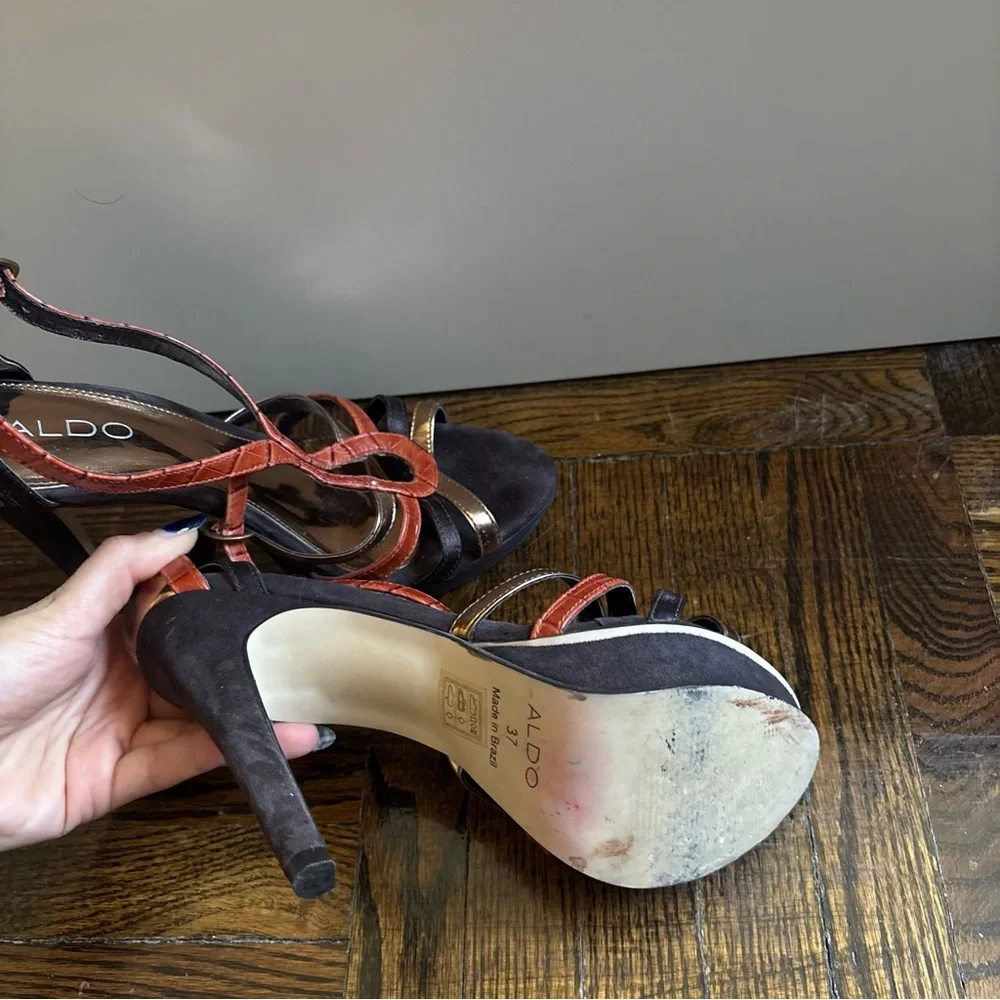 ALDO Red Brown and Gold Strappy High Heel Sandals - Picture 6 of 10
